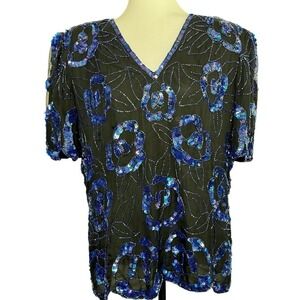Vintage‎ Sequined Top 100% Silk Blouse Glam Laurence Kazar Black Blue Size 1X
